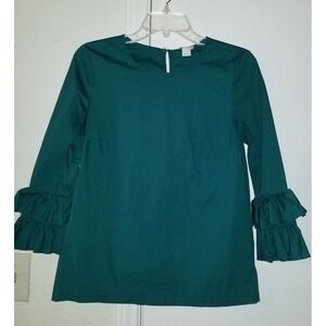 J CREW Blouse - Emerald Green Double Tiered Bell 3/4 Sleeve Keyhole Back Size 2